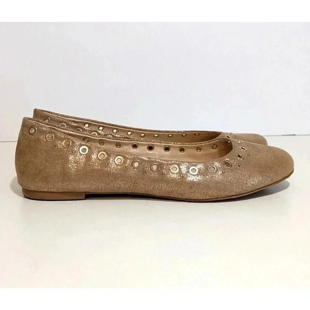 Studio Isola Metallic Gold Jacey Ballet Flats Size 7.5 Grommet Stud Details
